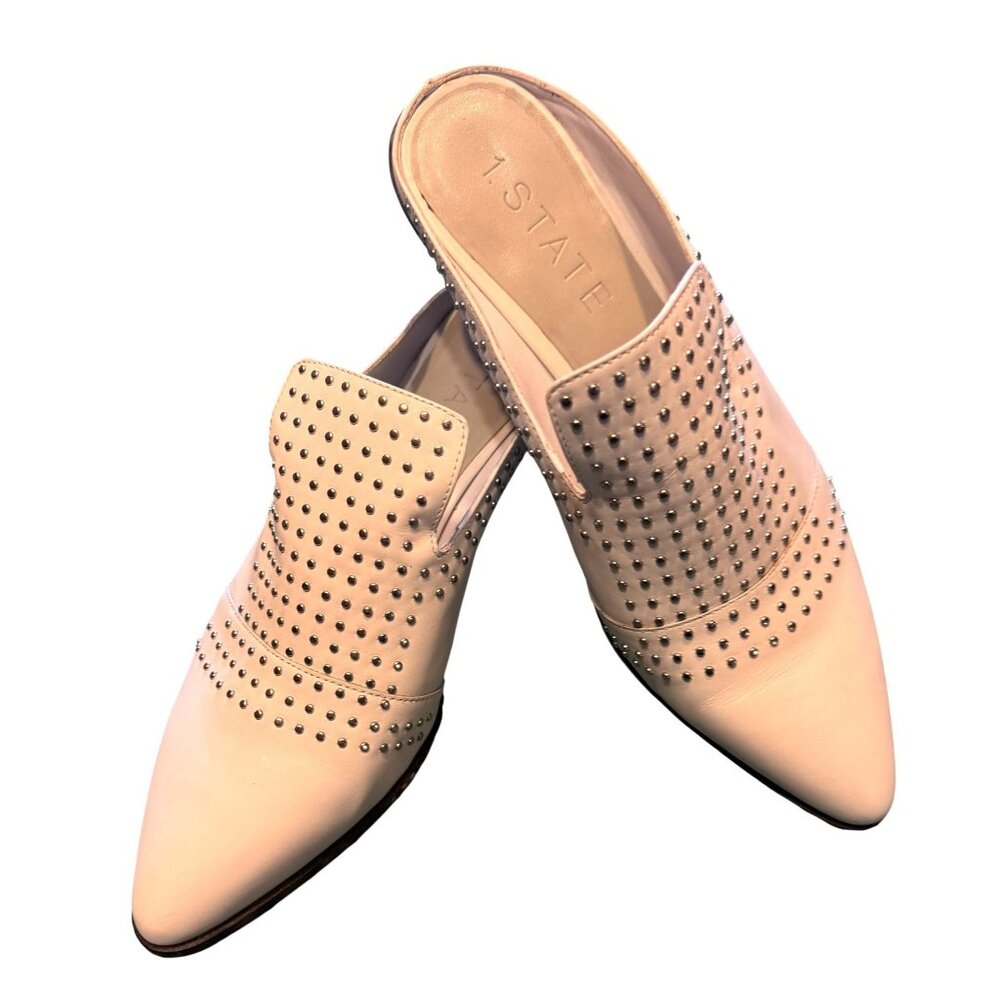 1. State White Studded Pointed Toe Mule Heels 10M/40 Womens Shoes